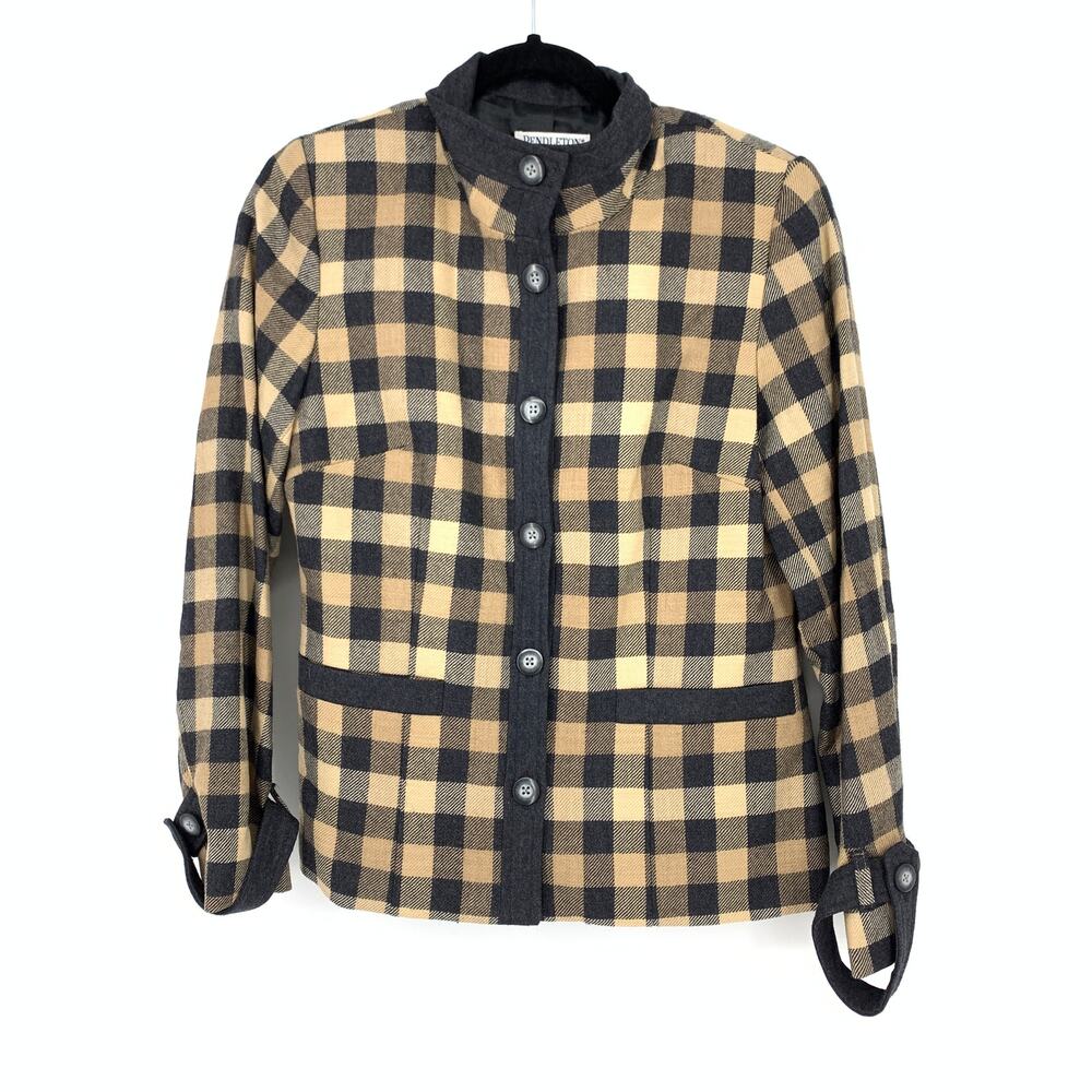 Pendleton Womens Size 6 Button Front Wool Plaid Jacket Camel Black